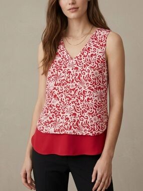 XXS/XS Halogen Nordstrom Women's Red Patterned Layered V-Neck Sleeveless Blouse